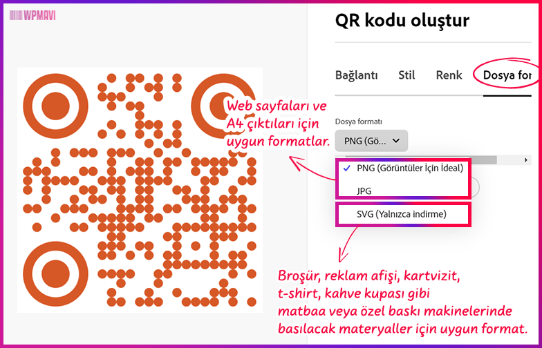 linkten karekod oluşturma - Dosya Formatı