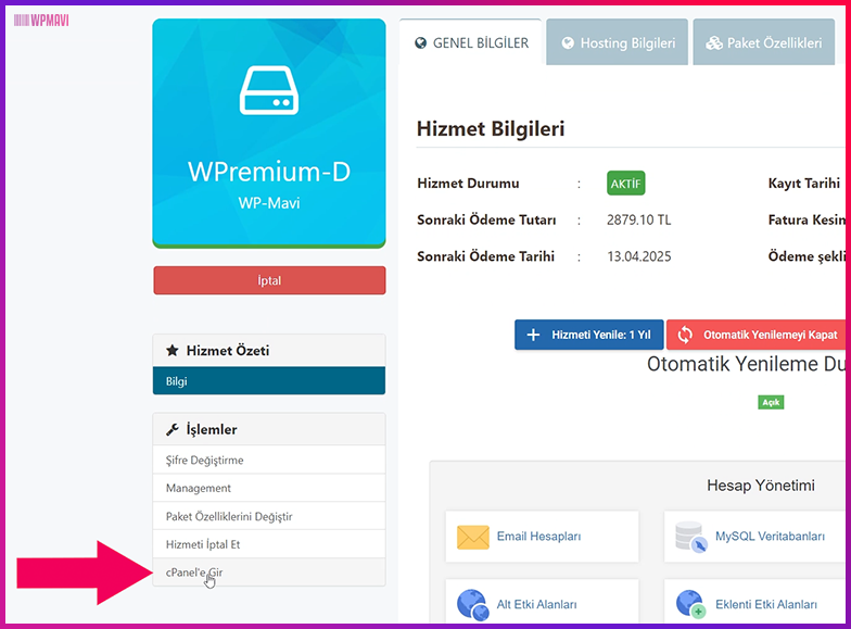 Karekod Menü - cPanel'e Gir Seçeneği